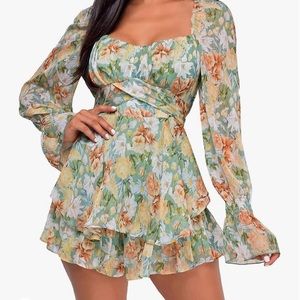 LYANER-Floral Print OffShoulder Long Sleeve Ruffle Hem Romper Short Jumpsuit